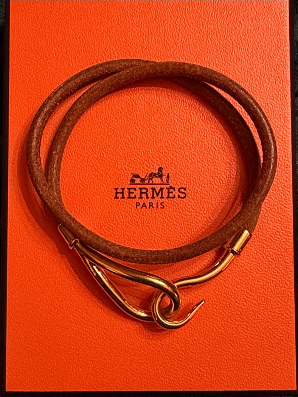 Hermes Brown Double-Wrap Leather Bracelet with Gold Hook
